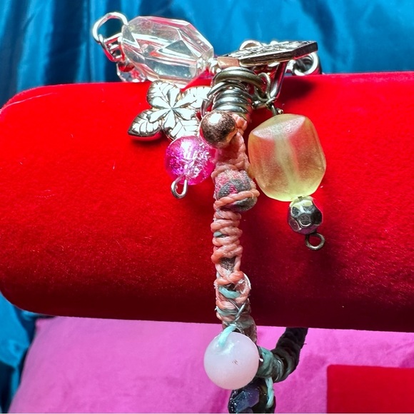 Handmade charm bracelet beaded Assemblage Bangle Thrashed Trashed Fabric shreds - Picture 7 of 14